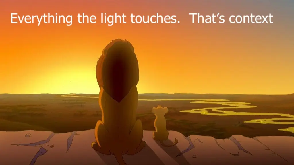 Everything the light touches is your AI's context: a lion on a rock at sunrise, light sweeping across the land, deep shadow beyond.