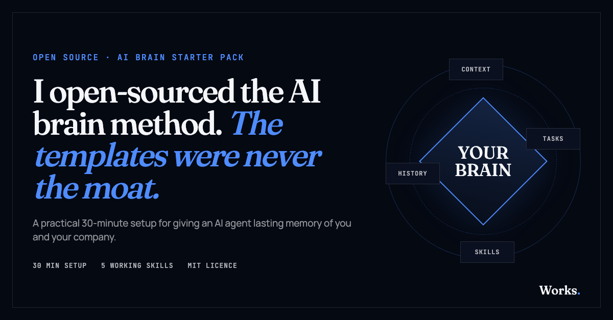 AI Brain Starter Pack. A 30-minute setup with five working skills, released under the MIT licence.